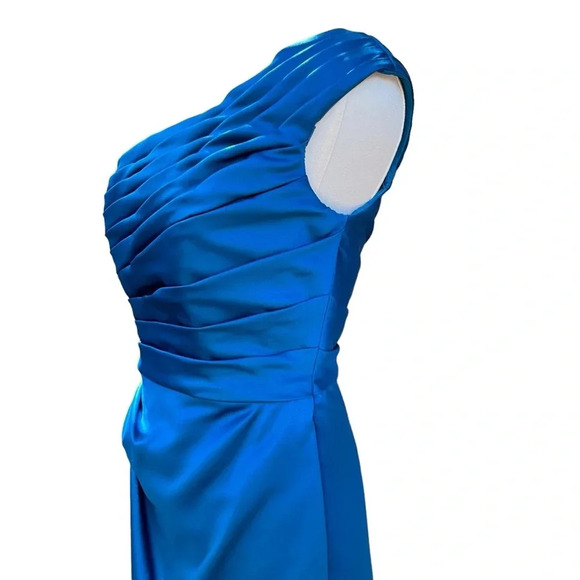Mori Lee by Madeline Gardner NWT Blue Satin One-Shoulder Gown w/Ruched Bodice S6 - Picture 7 of 12